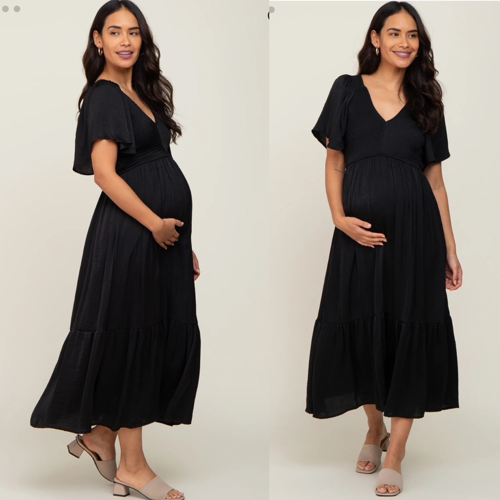 Pinkblush Black Smocked V Neck Flutter Sleeve Maternity Midi Dress